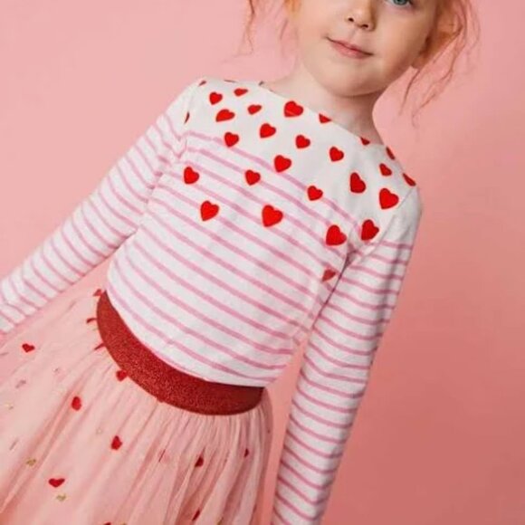 Mini Boden Girl's Fun Breton Top in Pink/Ivory Scatter Heart, Size 9-10Y - Picture 1 of 8